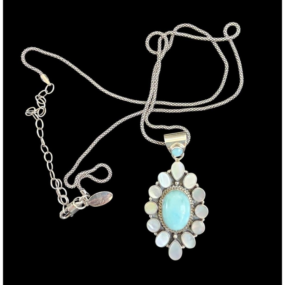 Samuel B. Sterling Silver Larimar Mother of Pearl MOP Halo Pendant Necklace